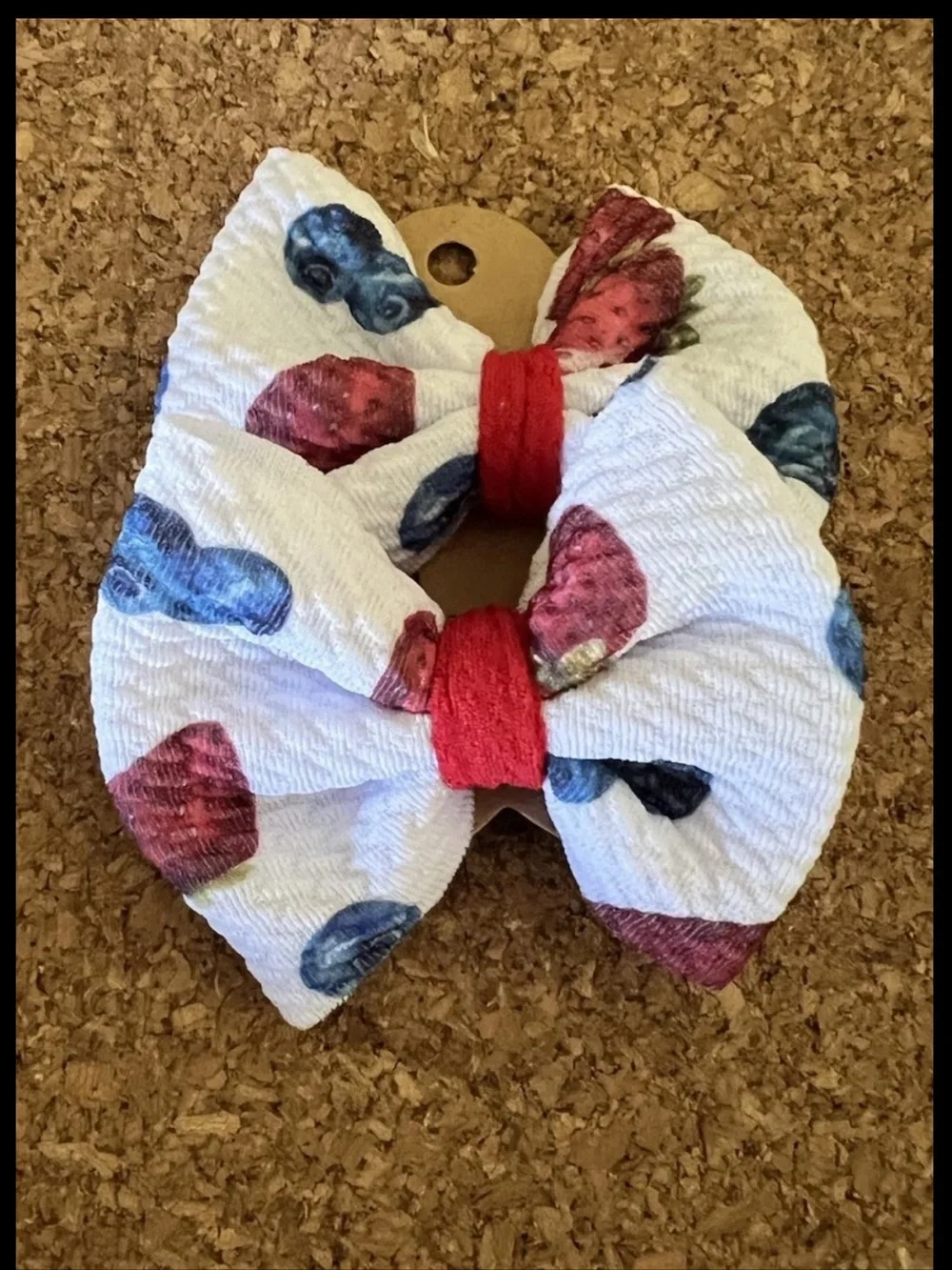 Handmade Fabric Hair Bow Red White Blue Berry 4th July Girl 2.75”x2.5” Clip 2pc